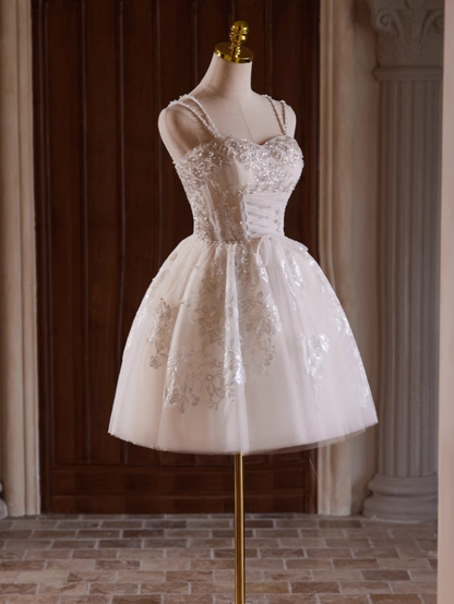 Elegant Beige Embroidery Beaded Design A-line Spaghetti Strap Short Homecoming Dress TP3464