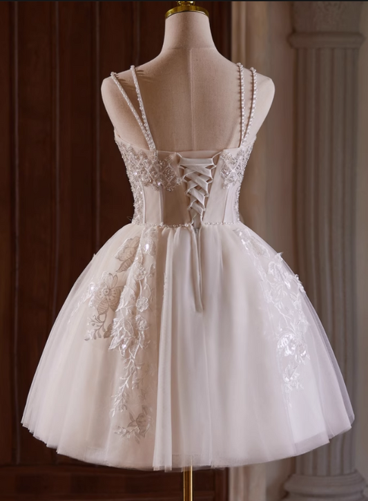 Elegant Beige Embroidery Beaded Design A-line Spaghetti Strap Short Homecoming Dress TP3464
