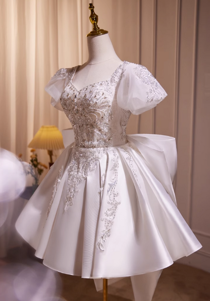 Elegant White Embroidery Beaded Bow Design A-line Spaghetti Strap Short Homecoming Dress TP3465