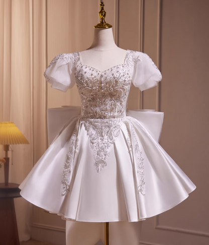Elegant White Embroidery Beaded Bow Design A-line Spaghetti Strap Short Homecoming Dress TP3465