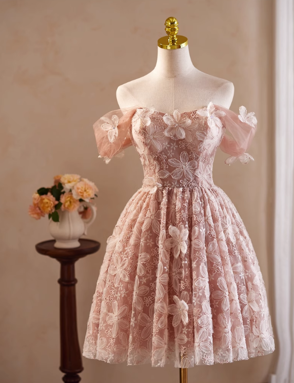 Elegant Pink 3D Flowers Beaded Design Off-the-shoulder Short Homecoming Dress TP3466