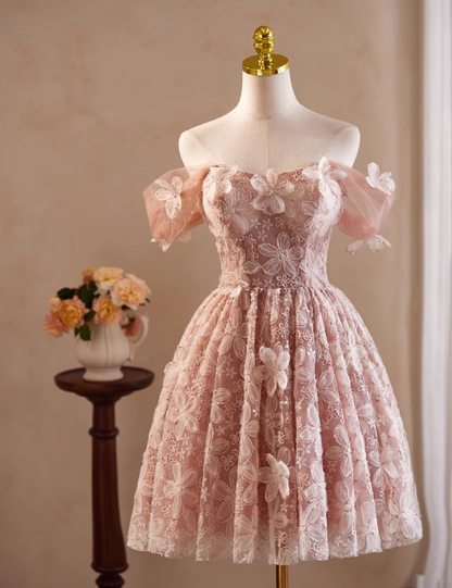 Elegant Pink 3D Flowers Beaded Design Off-the-shoulder Short Homecoming Dress TP3466