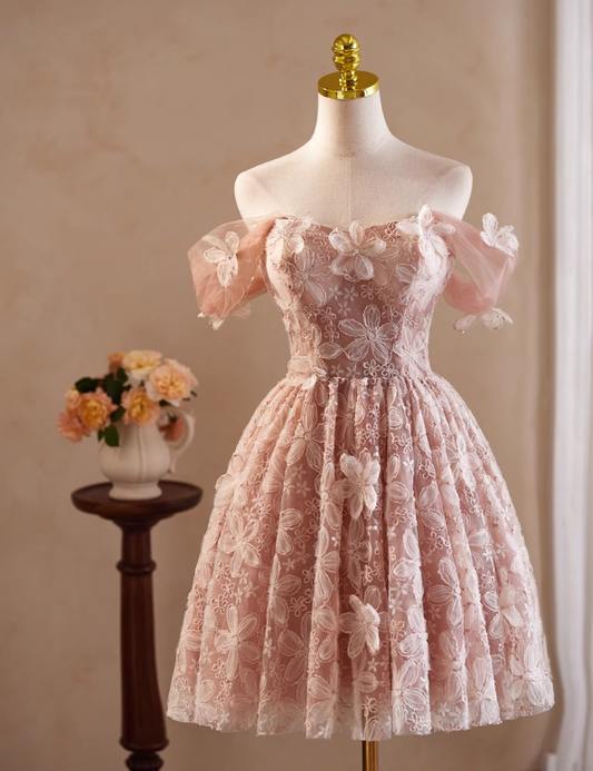 Elegant Pink 3D Flowers Beaded Design Off-the-shoulder Short Homecoming Dress TP3466