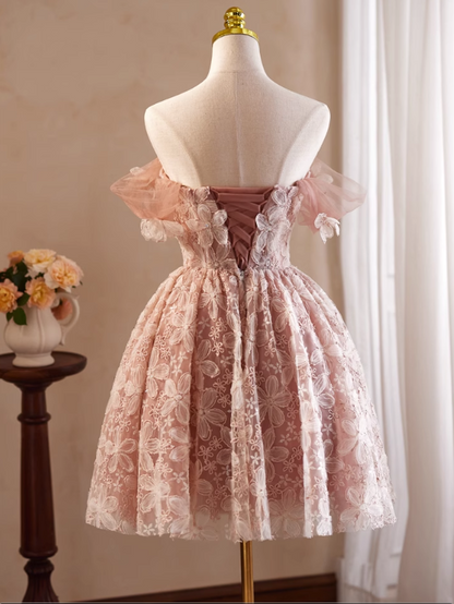 Elegant Pink 3D Flowers Beaded Design Off-the-shoulder Short Homecoming Dress TP3466