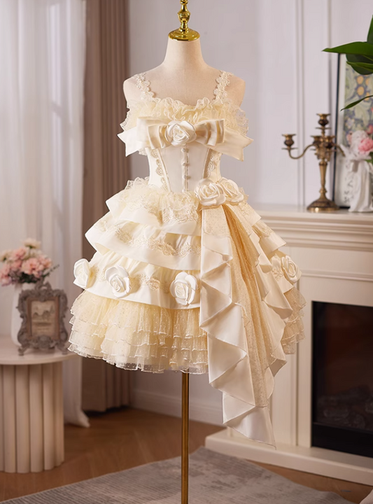 Elegant Pink 3D Flowers Irregular Hem Design Lace Strap Tiered Homecoming Dress TP3467