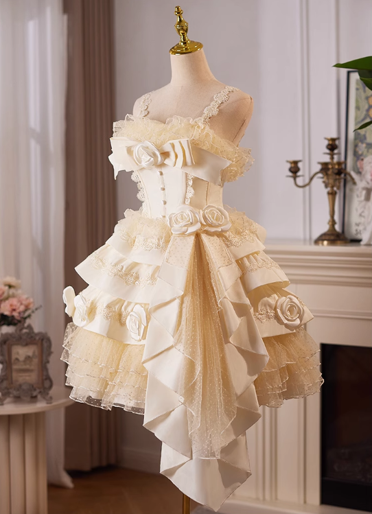 Elegante vestido de fiesta con flores 3D en rosa, diseño de dobladillo irregular, tirantes de encaje y capas TP3467