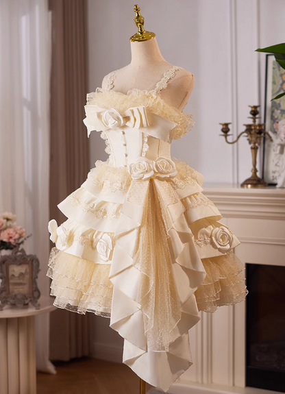 Elegante vestido de fiesta con flores 3D en rosa, diseño de dobladillo irregular, tirantes de encaje y capas TP3467