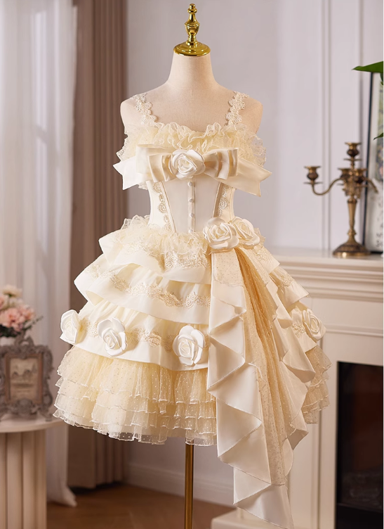 Elegante vestido de fiesta con flores 3D en rosa, diseño de dobladillo irregular, tirantes de encaje y capas TP3467