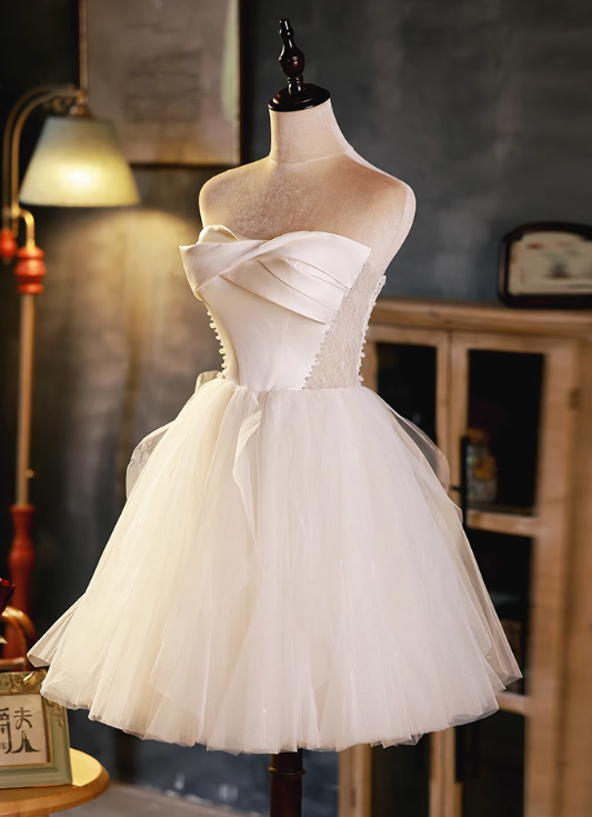 Elegant White Simple Design Satin Mesh Sleeveless Strapless Homecoming Dress TP3468