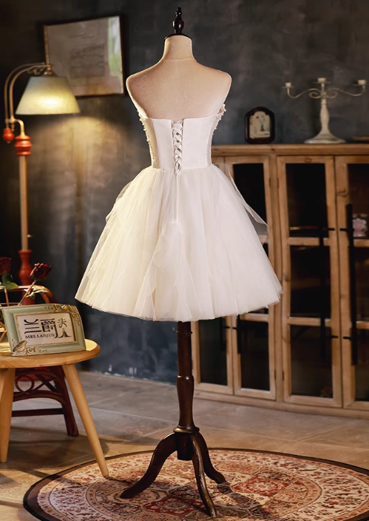 Elegant White Simple Design Satin Mesh Sleeveless Strapless Homecoming Dress TP3468