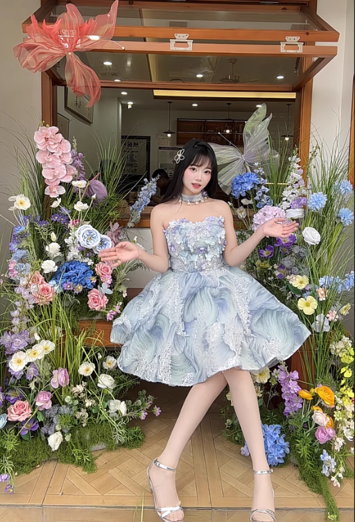 Elegant Light Blue 3D Flowers Design Sleeveless Strapless Puffy Homecoming Dress TP3469