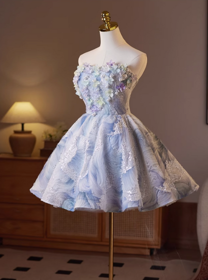Elegant Light Blue 3D Flowers Design Sleeveless Strapless Puffy Homecoming Dress TP3469
