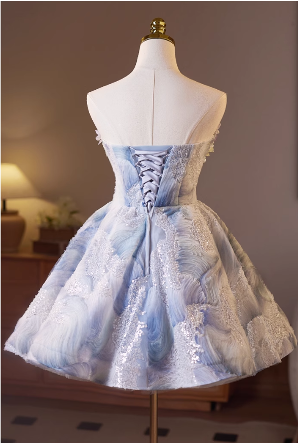 Elegant Light Blue 3D Flowers Design Sleeveless Strapless Puffy Homecoming Dress TP3469
