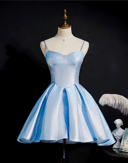 Elegant Light Blue Glittering Satin Design Spaghetti Strap Homecoming Dress TP3470