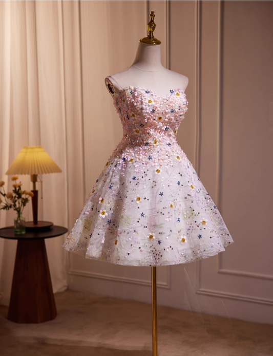 Charming Floral Embroidery Sequined Design Sleeveless Strapless Homecoming Dress TP3471