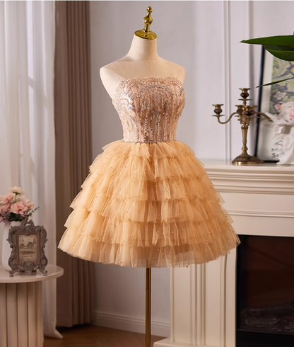 Charming Champagne Sequined Design Sleeveless Strapless Homecoming Dress TP3472
