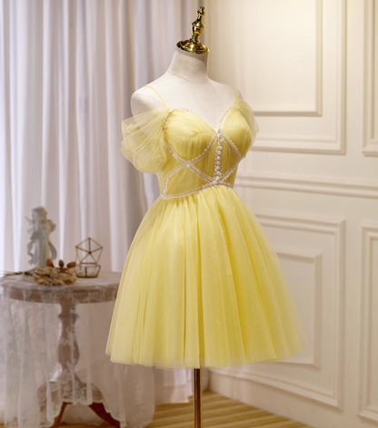 Charming Yellow Beaded Design Mesh Spaghetti Strap Homecoming Dress TP3473