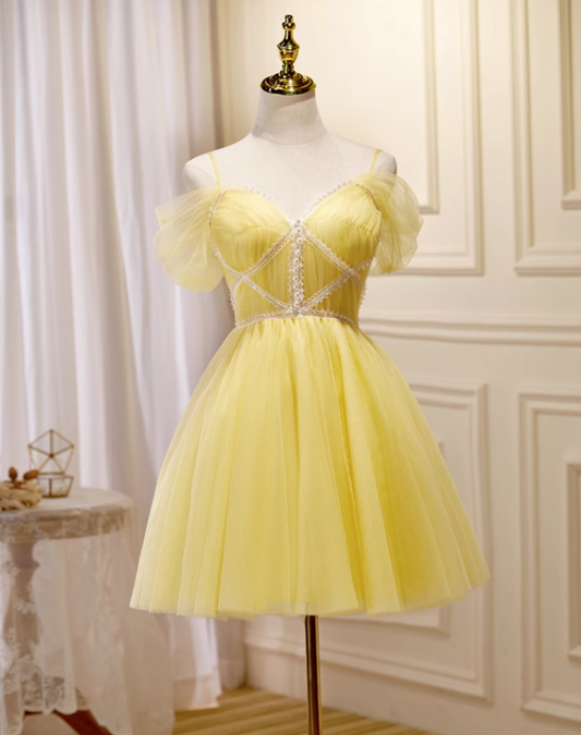 Charming Yellow Beaded Design Mesh Spaghetti Strap Homecoming Dress TP3473