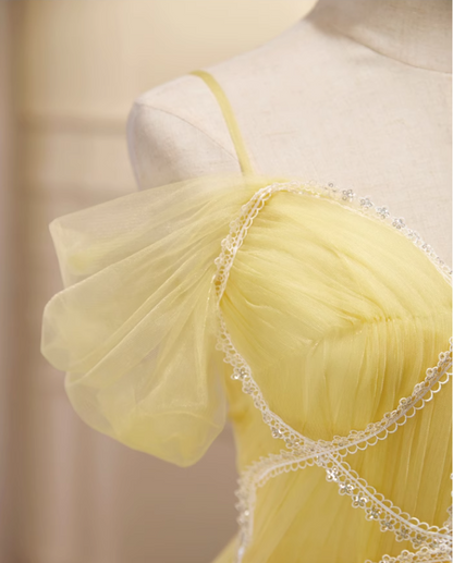 Charming Yellow Beaded Design Mesh Spaghetti Strap Homecoming Dress TP3473