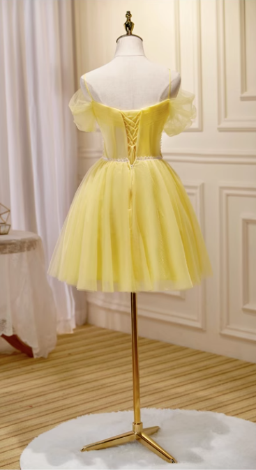 Charming Yellow Beaded Design Mesh Spaghetti Strap Homecoming Dress TP3473