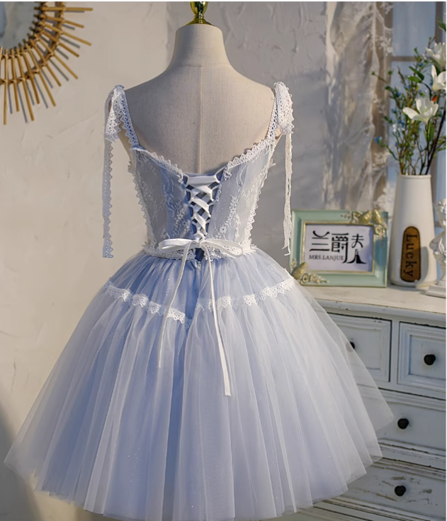 Charming Light Blue Lace-edge Design Mesh Spaghetti Strap Homecoming Dress TP3474