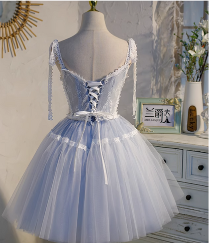 Charming Light Blue Lace-edge Design Mesh Spaghetti Strap Homecoming Dress TP3474