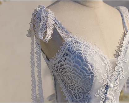 Charming Light Blue Lace-edge Design Mesh Spaghetti Strap Homecoming Dress TP3474