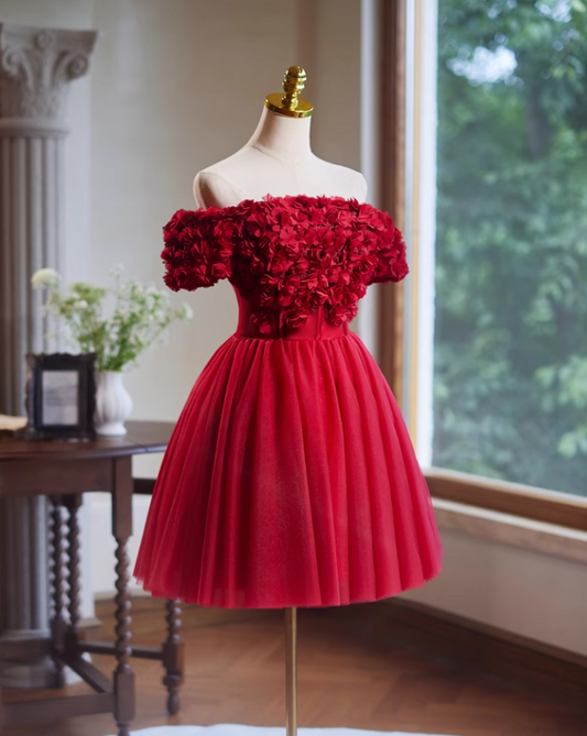 Charming Red 3D Flowers Design Mesh Off-the-shoulder Strapless Homecoming Dress TP3476