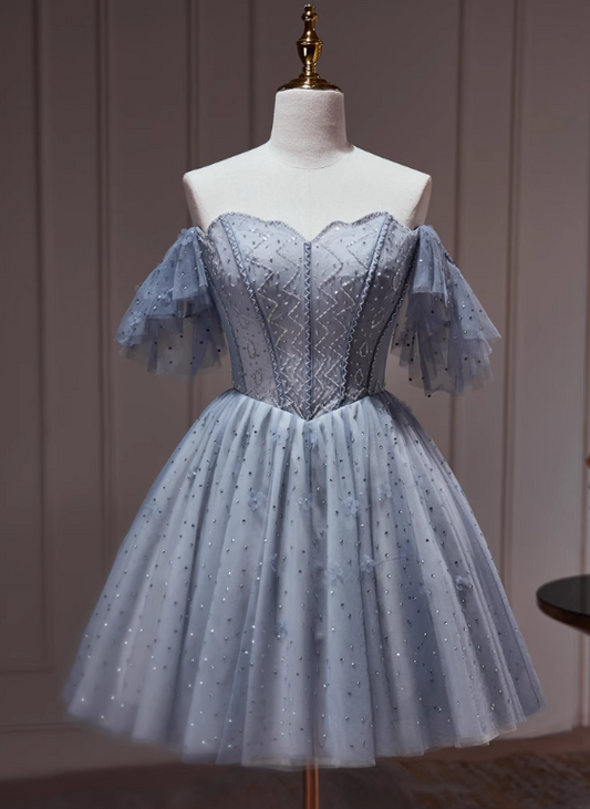 Charming Gray Off-the-shoulder Design Mesh Sleeveless Strapless Homecoming Dress TP3477