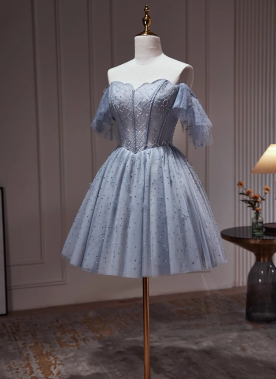 Charming Gray Off-the-shoulder Design Mesh Sleeveless Strapless Homecoming Dress TP3477