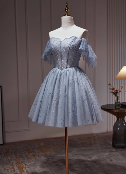 Charming Gray Off-the-shoulder Design Mesh Sleeveless Strapless Homecoming Dress TP3477