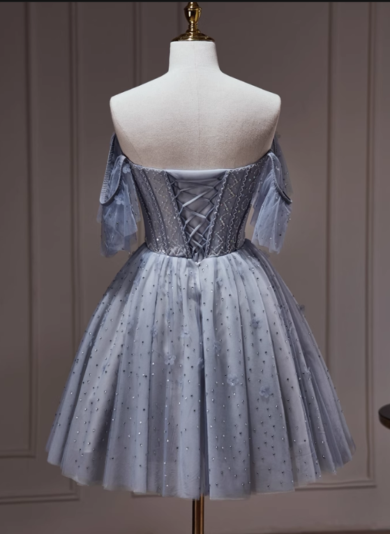 Charming Gray Off-the-shoulder Design Mesh Sleeveless Strapless Homecoming Dress TP3477