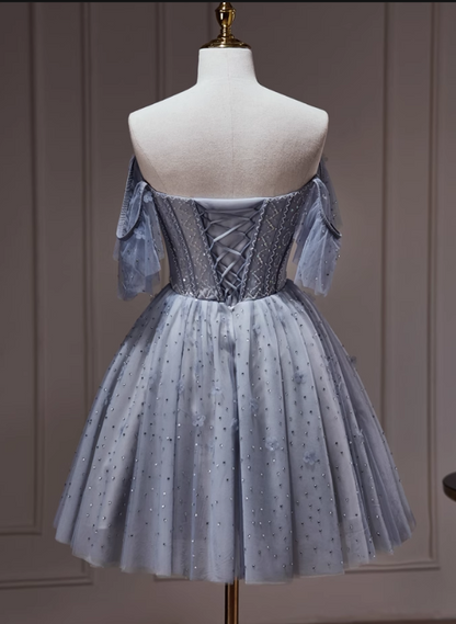 Charming Gray Off-the-shoulder Design Mesh Sleeveless Strapless Homecoming Dress TP3477