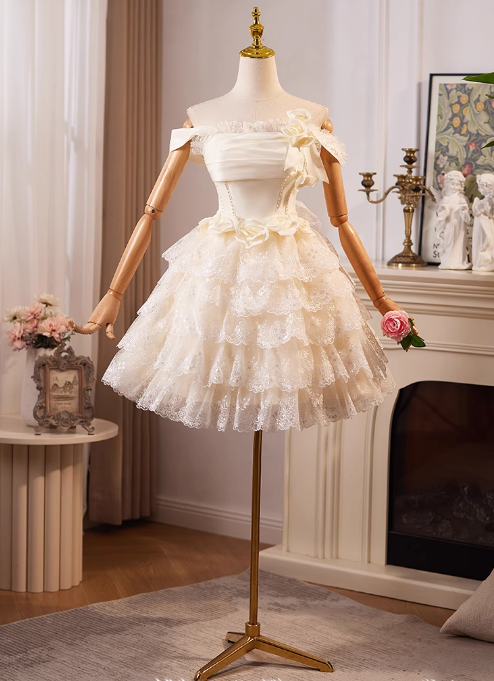 Charming Champagne Lace-edge Off-the-shoulder Design Mesh Tiered Homecoming Dress TP3478