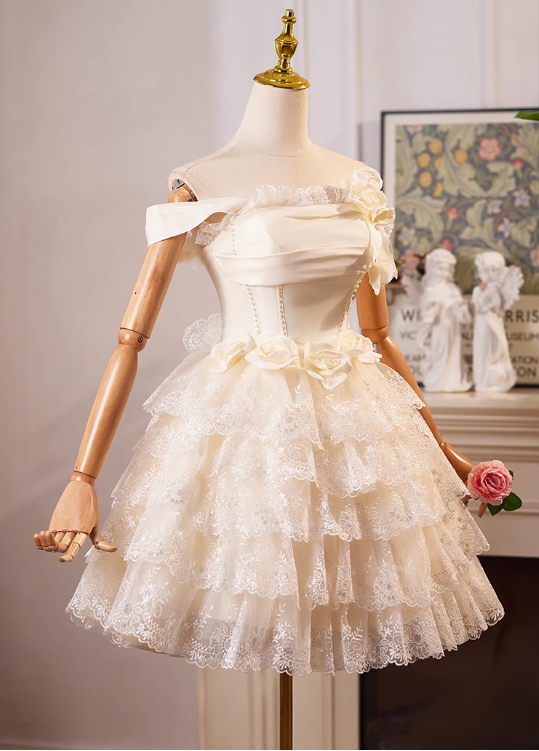 Charming Champagne Lace-edge Off-the-shoulder Design Mesh Tiered Homecoming Dress TP3478