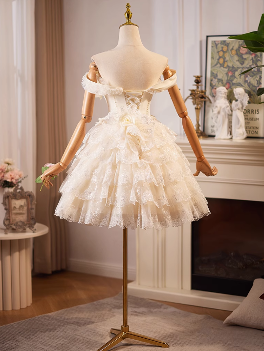 Charming Champagne Lace-edge Off-the-shoulder Design Mesh Tiered Homecoming Dress TP3478