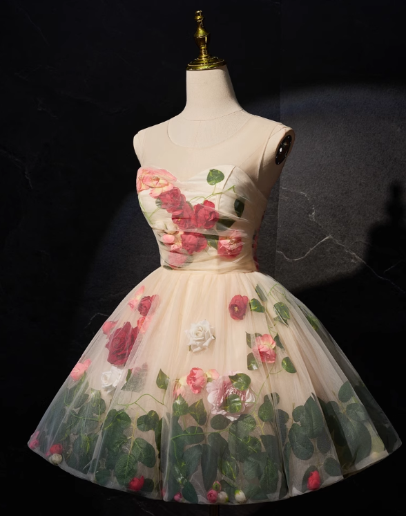 Vintage FLoral Design Elegant Mesh Vest Homecoming Dress TP3479