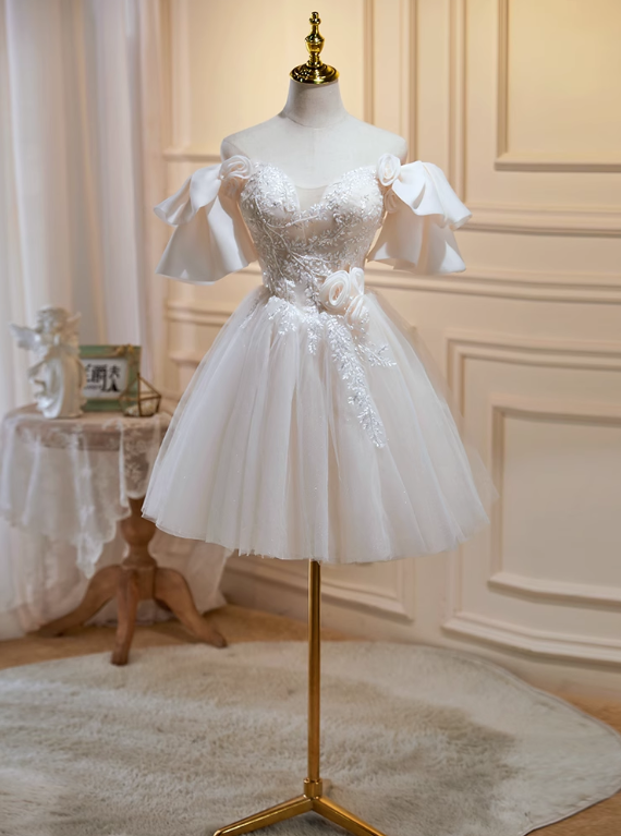 Vintage Beige 3D Flowers Beaded Design Elegant Mesh Off-the-shoulder Sleeves Homecoming Dress TP3480