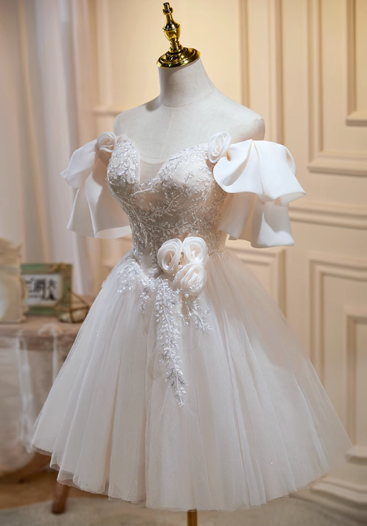 Vintage Beige 3D Flowers Beaded Design Elegant Mesh Off-the-shoulder Sleeves Homecoming Dress TP3480