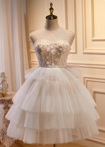 Vintage Beige 3D Flowers Beaded Design Elegant Mesh Sleeveless Strapless Homecoming Dress TP3481