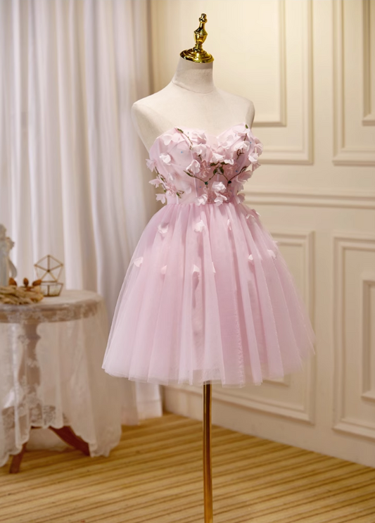 Charming Pink 3D Flowers Design Elegant Mesh Sleeveless Strapless Homecoming Dress TP3482