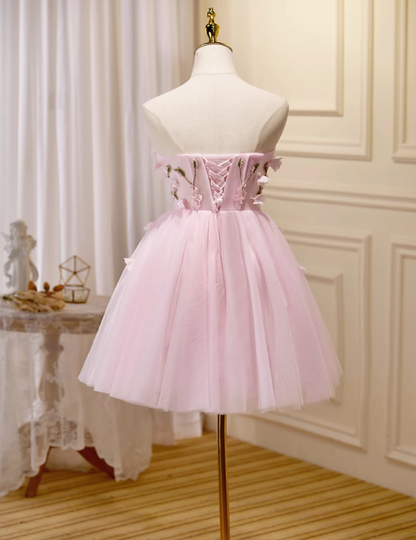 Charming Pink 3D Flowers Design Elegant Mesh Sleeveless Strapless Homecoming Dress TP3482