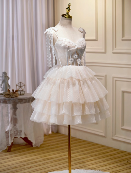 Charming Beige Lace Ribbon Design Elegant Mesh Sleeveless Strapless Homecoming Dress TP3483