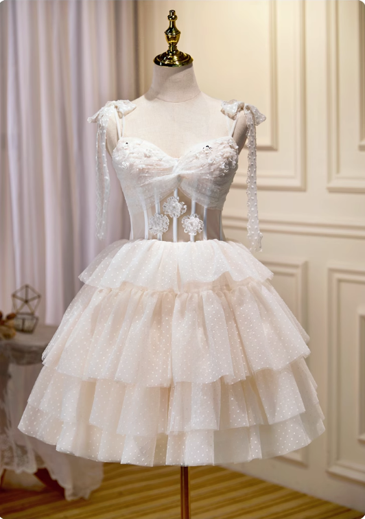 Charming Beige Lace Ribbon Design Elegant Mesh Sleeveless Strapless Homecoming Dress TP3483