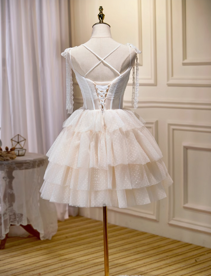 Charming Beige Lace Ribbon Design Elegant Mesh Sleeveless Strapless Homecoming Dress TP3483