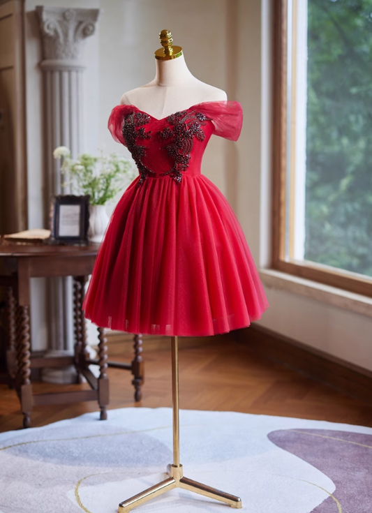Charming Wine Red Beaded Design Elegant Mesh Off-the-shoulder Sleeves Strapless Homecoming Dress TP3484