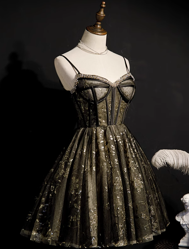 Charming Black Sequined Beaded Design Elegant Mesh Spaghetti Strap Homecoming Dress TP3485