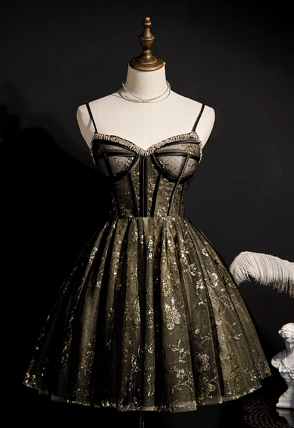 Charming Black Sequined Beaded Design Elegant Mesh Spaghetti Strap Homecoming Dress TP3485
