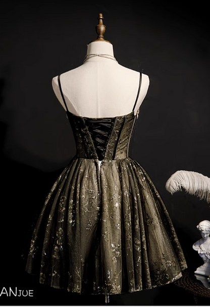 Charming Black Sequined Beaded Design Elegant Mesh Spaghetti Strap Homecoming Dress TP3485