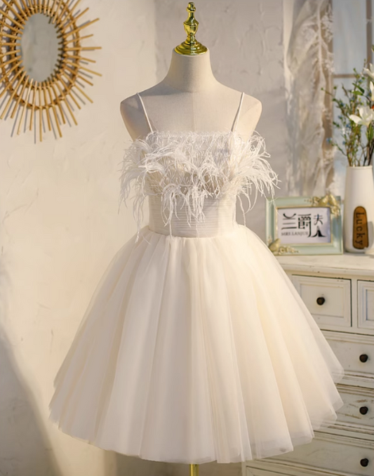 Charming White Soft Feather Design Elegant Mesh Spaghetti Strap Homecoming Dress TP3486